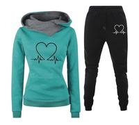Y2k - Conjunto de 2 piezas para mujer con capucha y pantalones con estampado en forma de corazón, deportivos, chándales de gimnasia con bolsillos, juego completo Y2k elegante de dos piezas, Verde, M