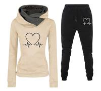 Y2k - Conjunto de 2 piezas para mujer con capucha y pantalones con estampado en forma de corazón, deportivos, chándales de gimnasia con bolsillos, juego completo Y2k elegante de dos piezas, Caqui