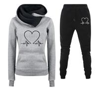 Y2k - Conjunto de 2 piezas para mujer con capucha y pantalones con estampado en forma de corazón, deportivos, chándales de gimnasia con bolsillos, juego completo Y2k elegante de dos piezas, gris, S