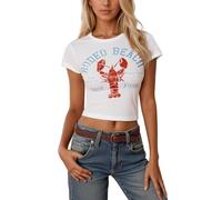 Y2K Crop Tops Mujer Cute Graphic Baby Tee Basic Slim Fit Shirt Elegant Print Top Verano Manga Corta Tops Aesthetic Grunge Clothes, Blanco, L