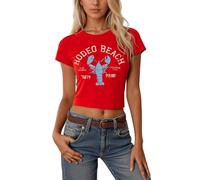 Y2K Crop Tops Mujer Cute Graphic Baby Tee Basic Slim Fit Shirt Elegant Print Top Verano Manga Corta Tops Aesthetic Grunge Clothes, rojo, L