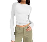 Y2k Crop Tops para mujer UK Slim Fit Long Sleeve Tees Casual Solid Crew Neck Skinny Tops Solid Color Tight Blusa Mujer Ligero Basic Camisetas Fahsion Streetwear Primavera Verano, A#2-blanco, S