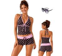 Y2k Cute Polka Dot Tankini Swimsuit for Women, 2 Piece Vintage 2000s Retro Summer Beach Bikini Set with Shorts (Pink,M)