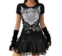 Y2k Graphic Grunge Camisetas Adolescentes Niñas Vintage Ropa Emo Cuello Redondo Cuello de Pico Manga Corta Hada Grunge Tee Tops Estética Verano Streetwear Disfraces de Carnaval, O negro., M