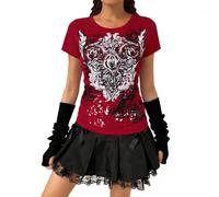 Y2k Graphic Grunge Camisetas Adolescentes Niñas Vintage Ropa Emo Cuello Redondo Cuello de Pico Manga Corta Hada Grunge Tee Tops Estética Verano Streetwear Disfraces de Carnaval, O rojo., L