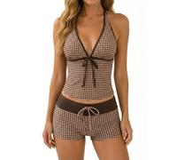 Y2K Sexy Tankini Swimsuit for Women, Polka Dot Halter 2 Piece Bathing Suit with Shorts, Cute Vintage Swimwear (Coffee Brown,L)