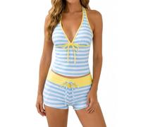 Y2K Sexy Tankini Swimsuit for Women, Polka Dot Halter 2 Piece Bathing Suit with Shorts, Cute Vintage Swimwear (Blue Stripes,M)