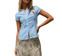 Y2K Top Mujer Basic Button Down Blusa Manga Corta Cuello en V Blusa de Solapa Cuello Ajustado Blusa Tie Up Back Tshirt Slim Fit Tops E-Girls Tops Verano Camisa de Oficina Ropa Coqueta, O azul., L