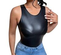 Y2k Top sin mangas de piel para mujer - Y2k Crop Top de piel sintética Top sin vientre Top Sexy Cuero Clubwear calle sin mangas Top Blusa sin mangas Slim Fit Verano Camiseta Deporte Tops, Negro , M