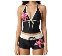 Y2K traje de baño 2 piezas mujer cuello en V cuello halter push up tankini set de cintura alta traje corto dos piezas impreso vintage floral Swimwear playa playa verano, 1-le black, S