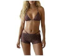 Y2K traje de baño 2 piezas mujer cuello en V cuello halter push up tankini set de cintura alta traje corto dos piezas impreso vintage floral Swimwear playa playa verano, 2 café., S