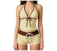 Y2K traje de baño 2 piezas mujer cuello en V cuello halter push up tankini set de cintura alta traje corto dos piezas impreso vintage floral Swimwear playa playa verano, 1 caqui, L