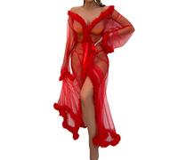 Y9K - Bata de tul sexy para mujer, lencería larga, bata de baño, ropa de dormir con plumas, bata de novia, lencería de encaje, lencería sexy para embarazo, talla grande, rosso, L