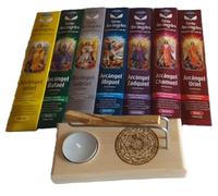 YA- DECOREGALOS Caja Set Espiritual 7 Arcángeles, Quemador de Madera con Símbolo Sagrado de los Arcangeles Mayores + 7 Paquetes de Inciensos de Arcángeles, Vela y Palo Santo incluidos