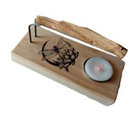 YA-DECOREGALOS QUEMADOR DE PALO SANTO ARTESALMENTE FABRICADO MADERA NATURAL CON VARILLAS METALICAS, VELITA DE TÉ Y PALO SANTO, IMAGEN LUNA FLOR DE LOTO Y LIBELULA