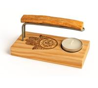 YA-DECOREGALOS Quemador de Palo Santo, Diseño Mano de Fátima, Base de Madera con Soporte Metálico, Incluye Vela de Té y Palo Santo