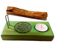 YA-DECOREGALOS Quemador para Palo Santo Artesano, simbolo Mandala, con Base de Madera Natural, Varillas metalicas. Incluye Palo Santo y velita de té, Color Verde