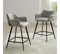 Ya-Home Juego de 2 Taburetes Alto con Patas de Metal, Taburete de Cocina de Lino con L-Shaped Respaldo y Barandilla, Taburete de Bar para Bar/Restaurante,Gris