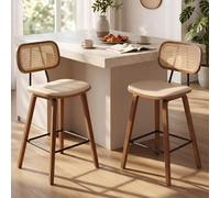 Ya-Home Juego de 2 Taburetes Altos de Cocina con Respaldo de Ratán,Madera | Silla Alta de PU Cuero,Respaldo Ratán, Patas de Madera, Macro de Metal, Cojin Comodo, para Isla Cocina/Bar/Bistró,MAX 113KG