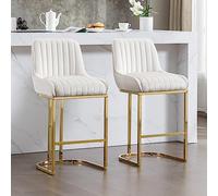 Ya-Home Juego de 2 Taburetes Altos de Cocina de Terciopelo Sillas Altas de Cocina sin Reposabrazos,Taburetes de Bar Modernos con Patas de Metal Doradas para Isla de Cocina/Resturante,Blanco