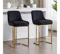 Ya-Home Juego de 2 Taburetes Altos de Cocina de Terciopelo Sillas Altas de Cocina sin Reposabrazos,Taburetes de Bar Modernos con Patas de Metal Doradas para Isla de Cocina/Resturante,Negro