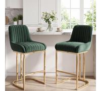 Ya-Home Juego de 2 Taburetes Altos de Cocina Marco de Metal Nórdico, Verde | Silla Alta de Terciopelo, Base de Metal, Respaldo Curvo, Cojin Comodo,Estilo Nórdico, para Isla Cocina/Bar,MAX 113KG
