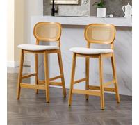 Ya-Home Juego de 2 Taburetes Altos de Cocina Patas de Madera para Bar,Beige | Silla Alta de Lana Sintética, Patas de Madera, Respaldo de Ratán, Cojin Comodo, para Isla Cocina/Bar/Bistró,MAX 113KG
