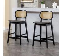 Ya-Home Juego de 2 Taburetes Altos de Cocina Patas de Madera para Bar,Negro | Silla Alta de PU Cuero, Patas de Madera, Respaldo de Ratán, Cojin Comodo, para Isla Cocina/Bar/Bistró,MAX 113KG