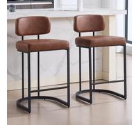 Ya-Home Juego de 2 Taburetes Altos de Cocina Patas de Metal Moderno,Marrón | Silla Alta de PU Cuero, Patas de Metal, Respaldo Curvo, Cojin Doble Capa, para Isla Cocina/Bar,MAX 113KG