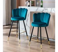Ya-Home Juego de 2 Taburetes Altos de Cocina Patas de Metal Moderno,Teal | Silla Alta de Terciopelo, Patas de Metal, Respaldo Curvo, Cojin Comodo, Brazos, Forma Pétalo para Isla Cocina/Bar,MAX 113KG