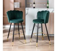 Ya-Home Juego de 2 Taburetes Altos de Cocina Patas de Metal Moderno,Verde | Silla Alta de Terciopelo, Patas de Metal, Respaldo Curvo, Cojin Comodo, Brazos, Forma Pétalo para Isla Cocina/Bar,MAX 113KG