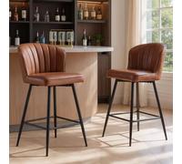 Ya-Home Juego de 2 Taburetes Altos de Cocina Patas de Metal para Bar,Marrón | Silla Alta de PU cuero, Base de Metal, Cojin Comodo,Respaldo Curvo, Moderno Nórdico, para Isla Cocina/Bar,MAX 113KG
