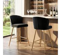 Ya-Home Juego de 2 Taburetes Altos de Cocina Patas de Metal para Bar,Negro | Silla Alta de Terciopelo, Base de Metal, Cojin Comodo,Respaldo Curvo, Moderno Nórdico, para Isla Cocina/Bar,MAX 113KG