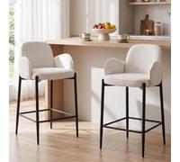 Ya-Home Juego de 2 Taburetes Altos de Cocina Patas Metal para Bar,Blanco | Silla Alta de Chenille, Base de Metal, Respaldo Curvo, Cojin Comodo,Brazos, para Isla Cocina/Bar,MAX 113KG