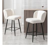 Ya-Home Juego de 2 Taburetes Altos de Cocina Patas Metal para Bar,Blanco | Silla Alta de Lana Sintética, Base de Metal, Respaldo Curvo, Cojin Comodo,Moderno, para Isla Cocina/Bar,MAX 113KG