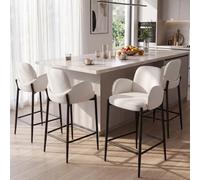 Ya-Home Juego de 4 Taburetes Altos de Cocina Patas Metal para Bar,Blanco | Silla Alta de Chenille, Base de Metal, Respaldo Curvo, Cojin Comodo,Brazos, para Isla Cocina/Bar,MAX 113KG
