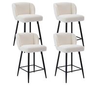 Ya-Home Juego de 4 Taburetes Altos de Cocina Patas Metal para Bar,Blanco | Silla Alta de Lana Sintética, Base de Metal, Respaldo Curvo, Cojin Comodo,Moderno, para Isla Cocina/Bar,MAX 113KG