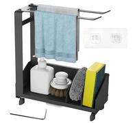 YAANBUNB Soporte de Esponja Cocina, Organizador de Fregadero con Toallero y Bandeja de Goteo,Organizador Bajo Fregadero Cocina de Espacio Aluminio, Porta Estropajos Fregadero para Cepillo Jabón(Negro)
