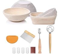 YAANI Juego de 2 cestas para fermentar pan redondas y ovaladas, cesta para fermentar Banneton + batidor de masa + cuchillas para pan + raspador de masa + raspador flexible de regalo