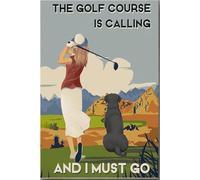 YAASIMOULE El campo de golf me llama y debo ir. Mujer jugando al golf con su perro. Póster en lienzo, galería, envuelto y enmarcado. Idea de regalo.