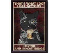 YAASIMOULE Eso es lo que hago, me hago tatuajes, bebo y sé cosas. Gato negro con póster enmarcado en lienzo mate.