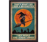 YAASIMOULE Gato, eso es lo que hago, montar una escoba, cortar gente y saber cosas, póster de Halloween de Blood Moon, lienzo mate enmarcado.