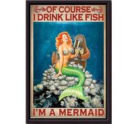 YAASIMOULE Por supuesto que bebo como pez. Soy una sirena bebiendo vino blanco. Póster enmarcado en lienzo mate.