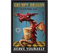YAASIMOULE Póster de Grumpy Dragon And Co. Serve Yourself, arte de pared con animales, regalo para amantes, cuentos de hadas, decoración del hogar, cafetería, impresiones en lienzo mate enmarcadas.
