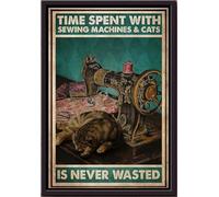 YAASIMOULE Póster El tiempo pasado con la máquina de coser y los gatos nunca es desperdiciado (enmarcado en lienzo mate)