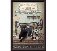 YAASIMOULE Póster enmarcado en lienzo mate Black Cat Est. 1997 Sewing Room Mends The Soul