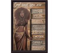 YAASIMOULE Póster enmarcado en lienzo mate con la frase Chica Afro, Dios dice que eres única, especial, encantadora, preciosa, fuerte, elegida, capaz y perdonada.