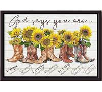 YAASIMOULE Póster enmarcado en lienzo mate con las botas de girasol que Dios dice que eres especial, preciosa, fuerte, elegida y perdonada.