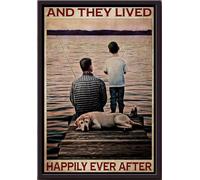 YAASIMOULE Póster enmarcado en lienzo mate de padre pescador e hijo perro: Vivieron felices para siempre.