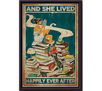 YAASIMOULE Póster vintage Ella vivió feliz para siempre, decoración de pared, regalo para amantes de los libros, chica gata, lectora, impresiones en lienzo mate enmarcadas.